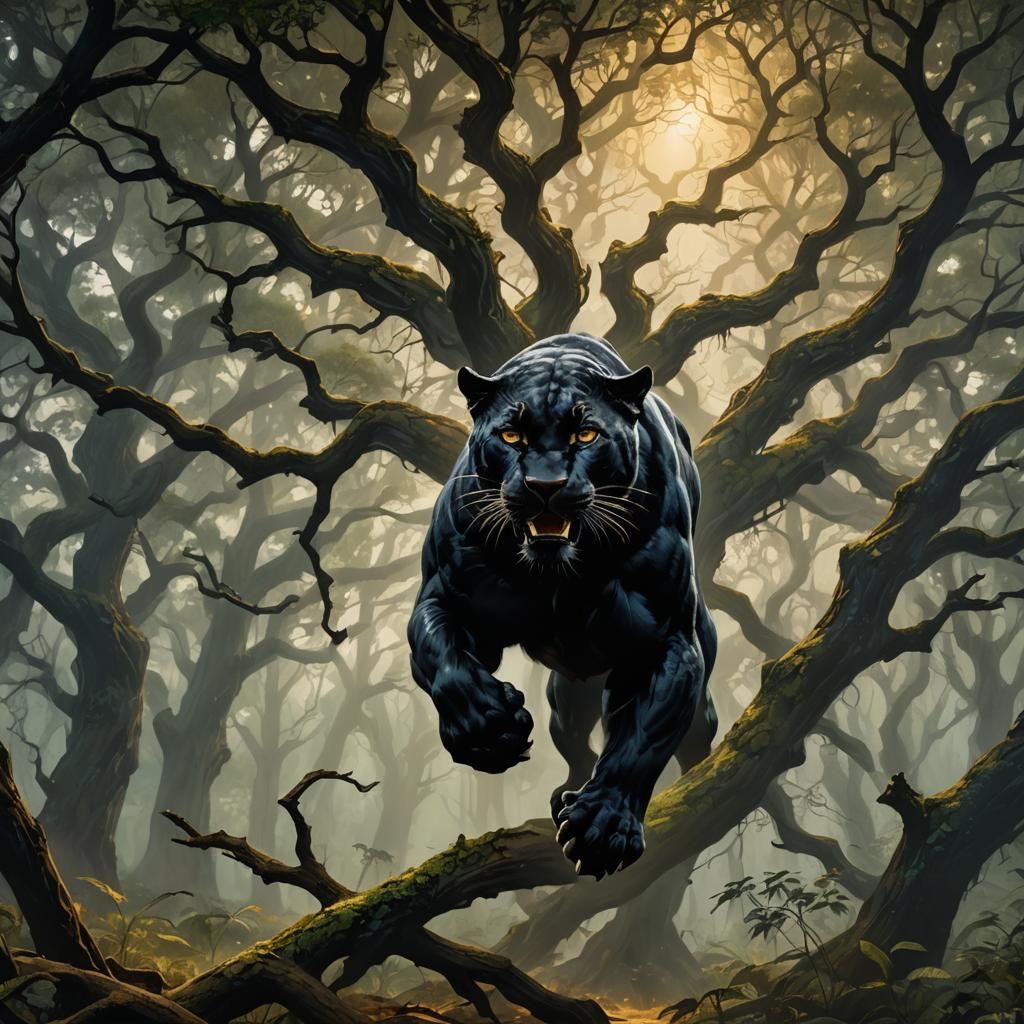 Black Panther in Mystical Oak Forest, Fantasy Art