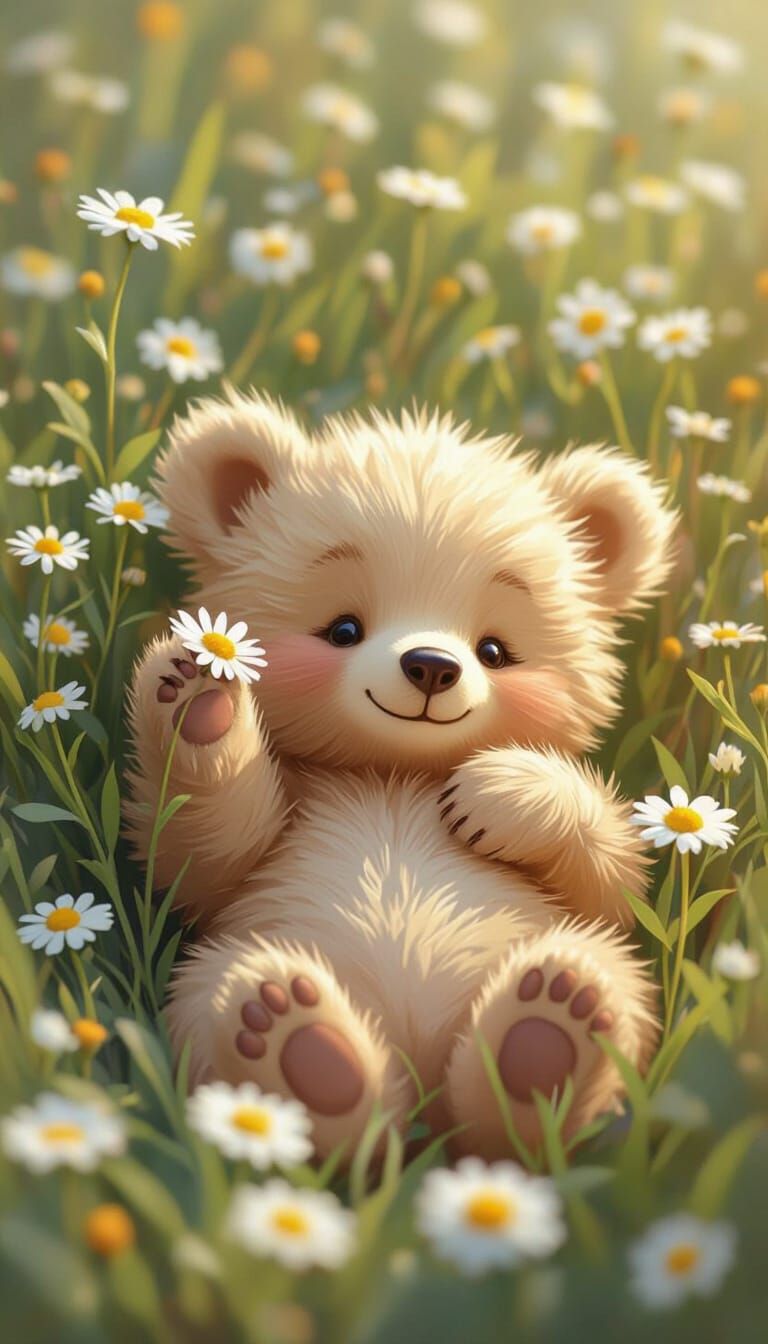 Cute Bear Cub with Daisy in Meadow, Whimsical Art