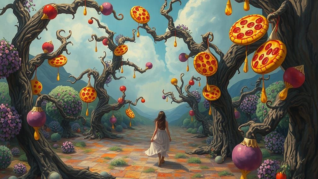 Whimsical Woman in Surreal Pizza Landscape