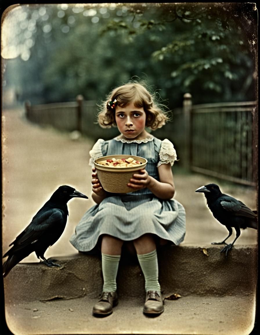 Girl's Snacks Stolen by Crows: Lumière Autochrome