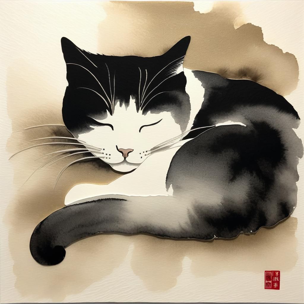 Minimalist Sleeping Cat in Sumi-e Style