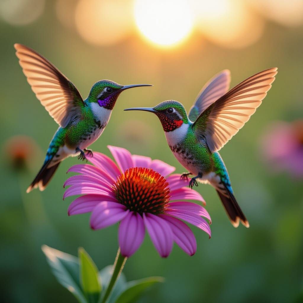 Two Realistic Hummingbirds Made of Water Droplets