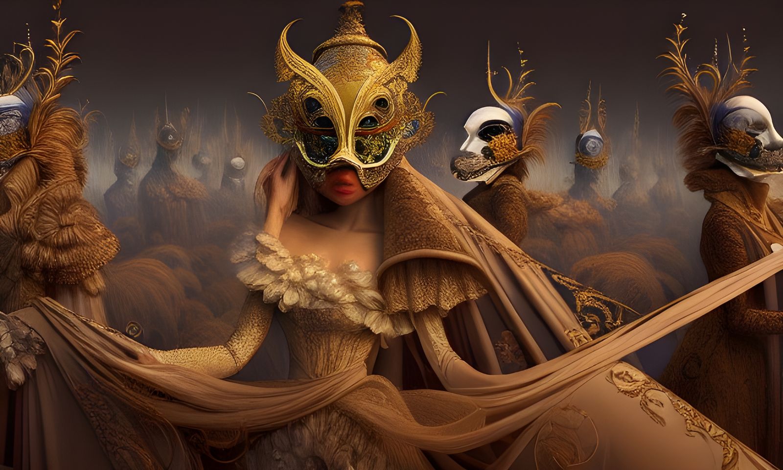 Elaborate Masquerade Painting in Golden Age Style