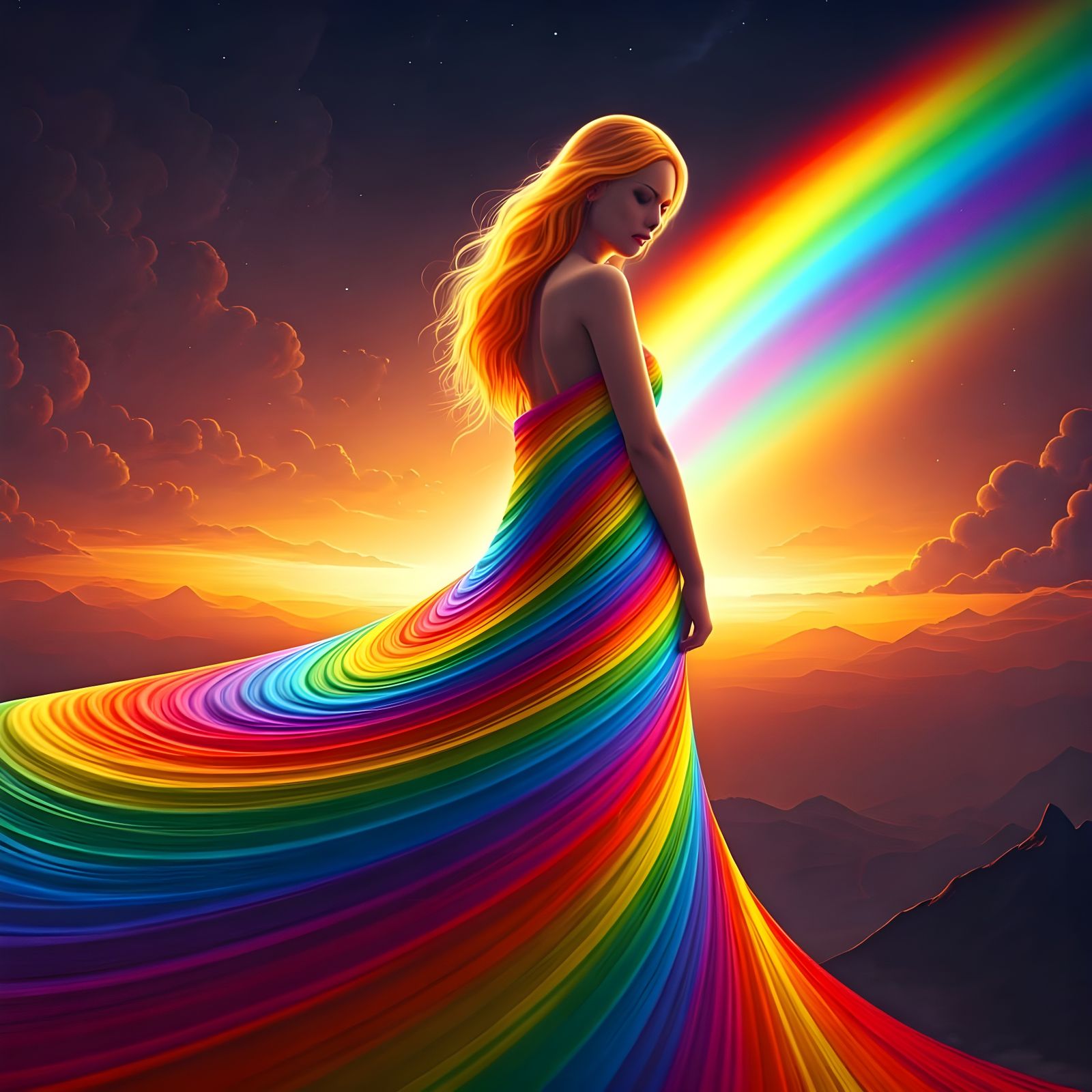 Woman's Rainbow Dress: Hyperrealistic Digital Art