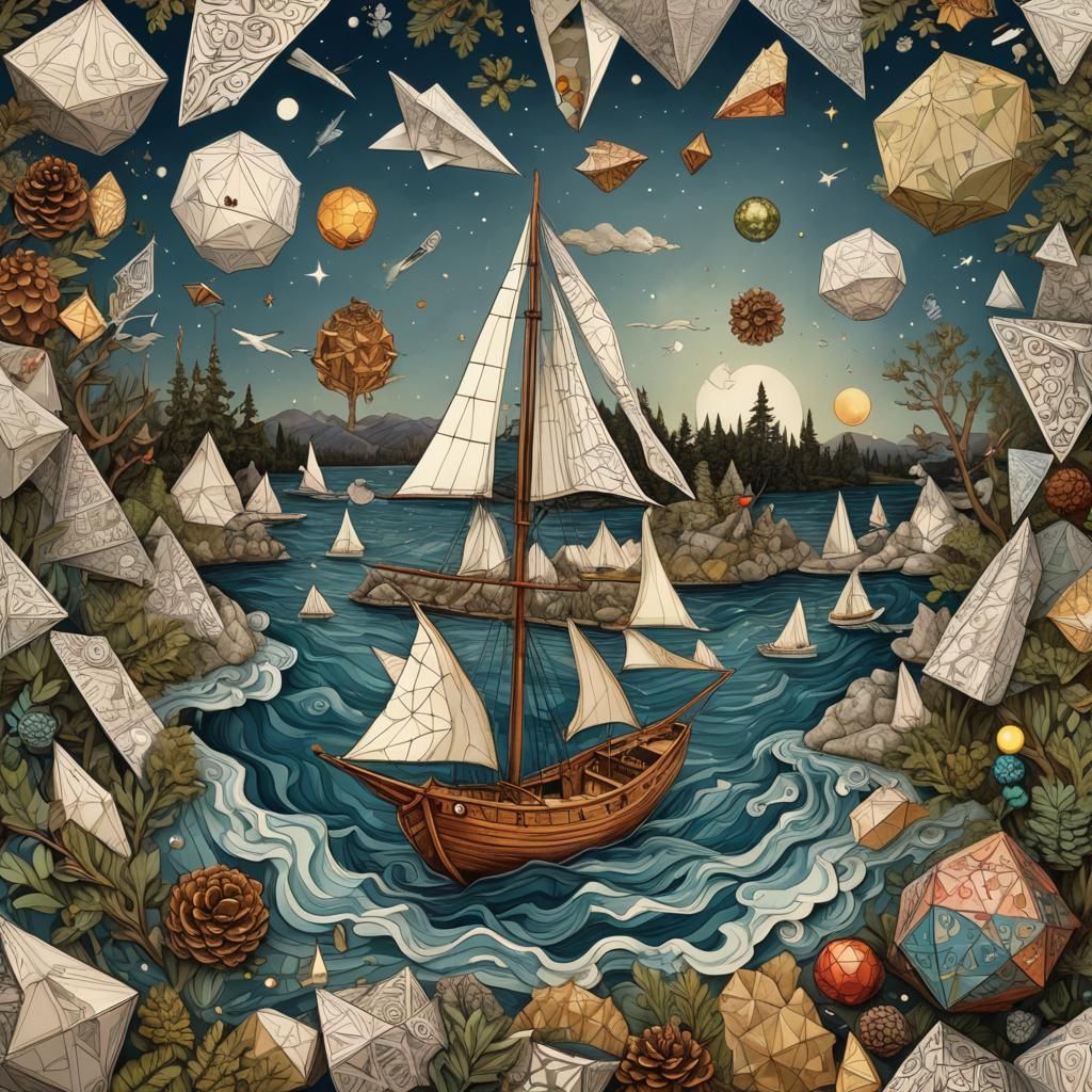 Surreal Geometric Dreamscape with Paper Planes and Lights