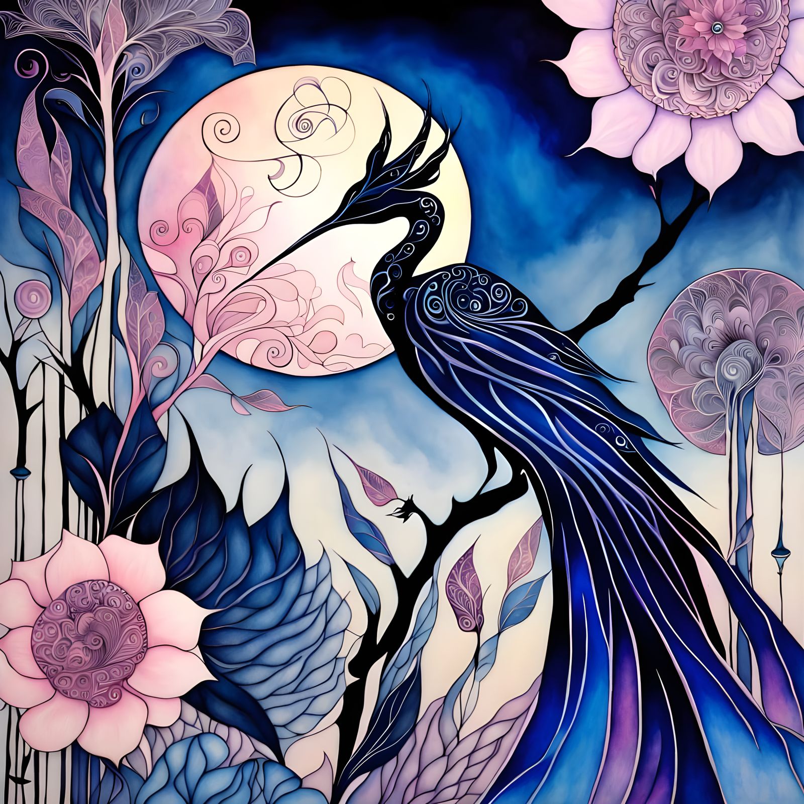 Japanese Ink Dragon-Birds on Moonlit Parchment