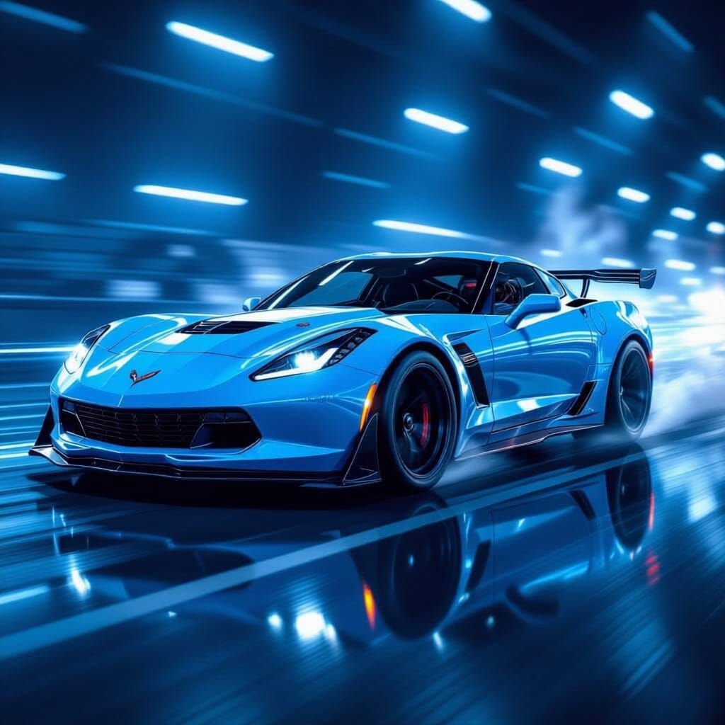 Corvette Racing Past Alien, Hyperrealist Painting