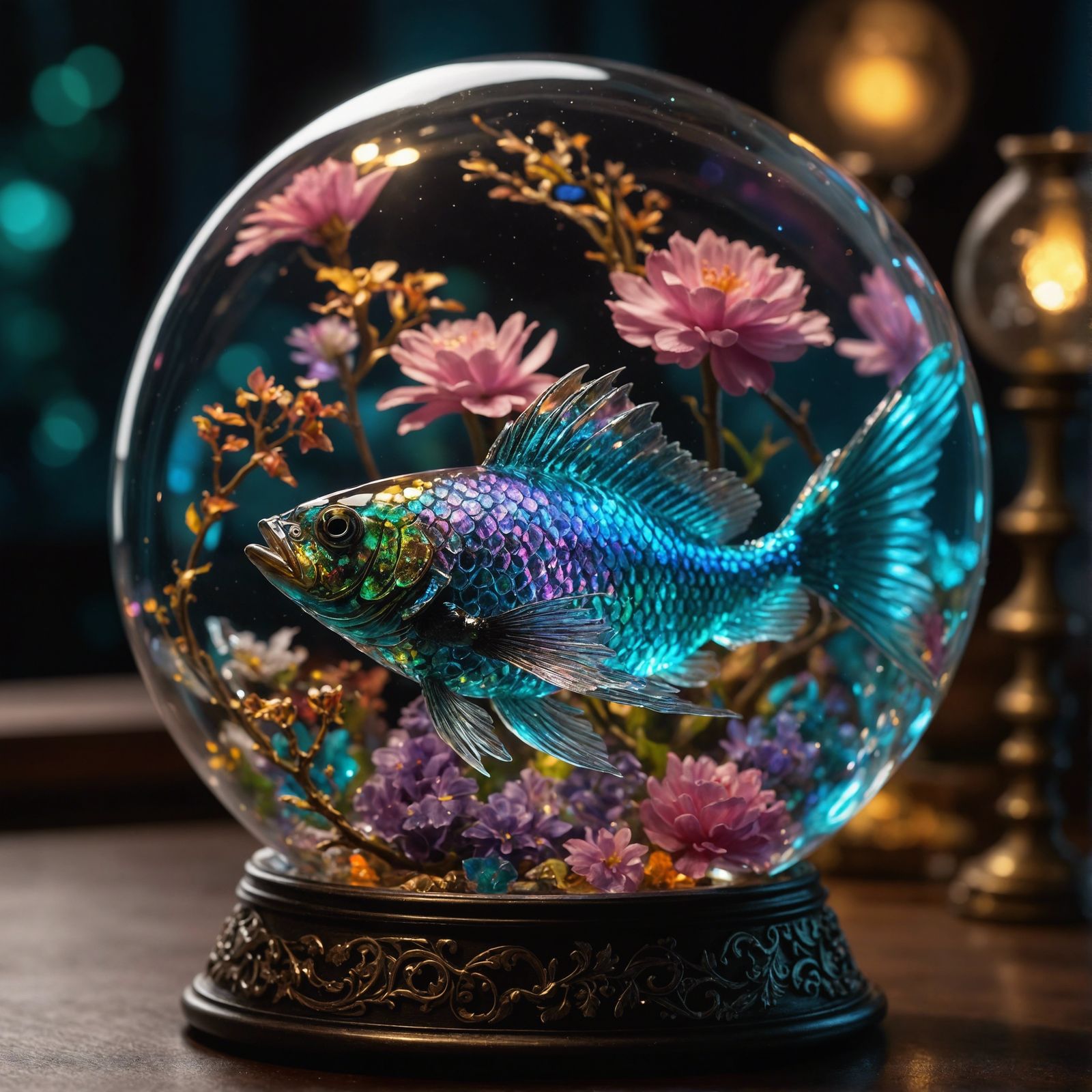 Winged Fish in Resin Globe with Filigree Stand