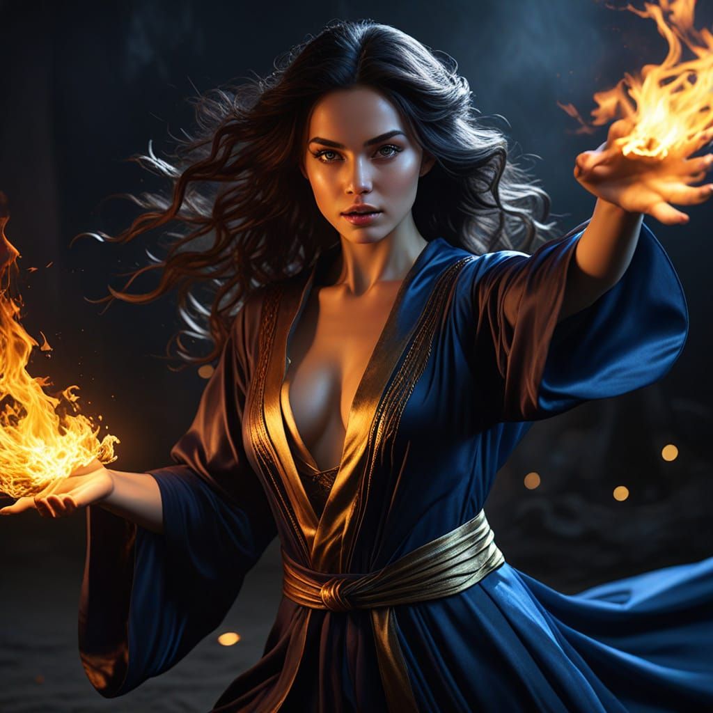 Hyper-Realistic Woman Sorcerer in Fiery Bliss