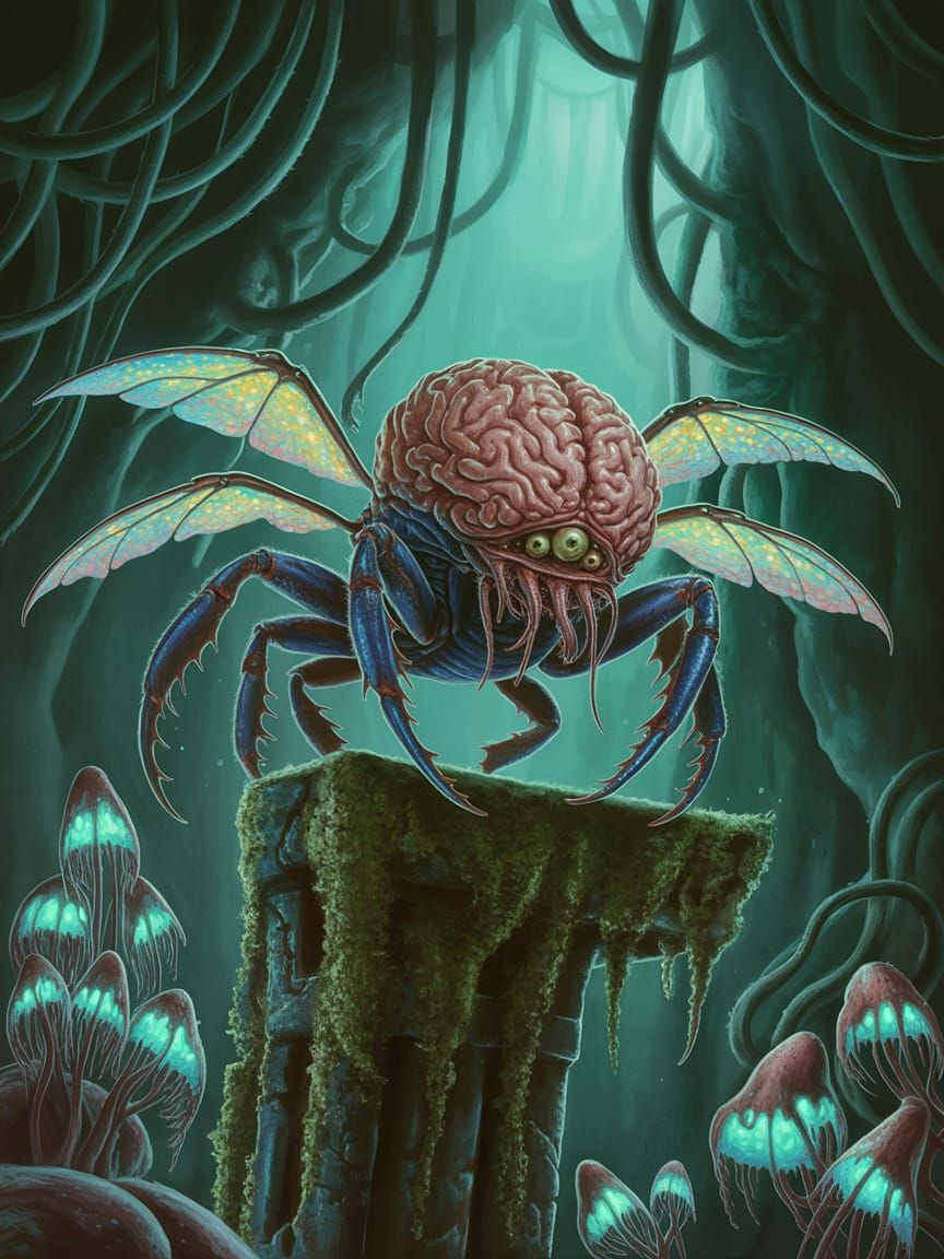Horrifying Brain-Fungous Crab-Alien in Dark Fantasy Art