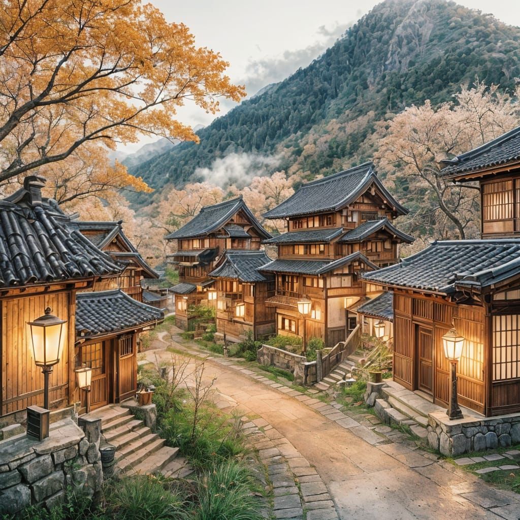 Vintage Car on Japanese Mountain Road Illustration