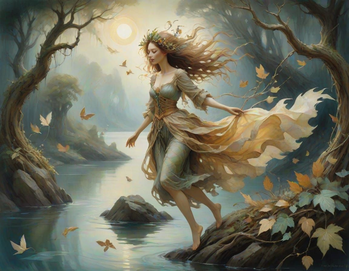 Ethereal Forest Guardian Leaps Over a Serene Lake