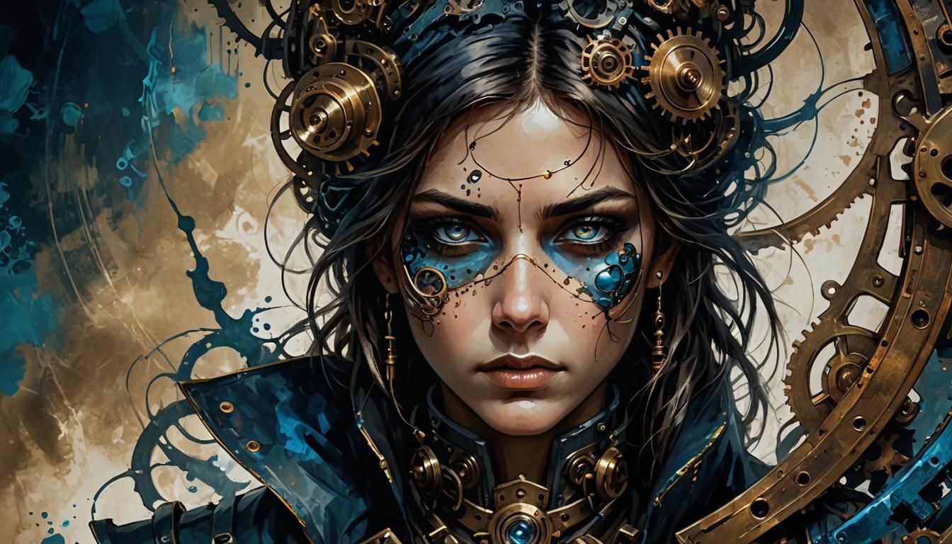 Steampunk Portrait with Ink Splashes and Soulful Eyes