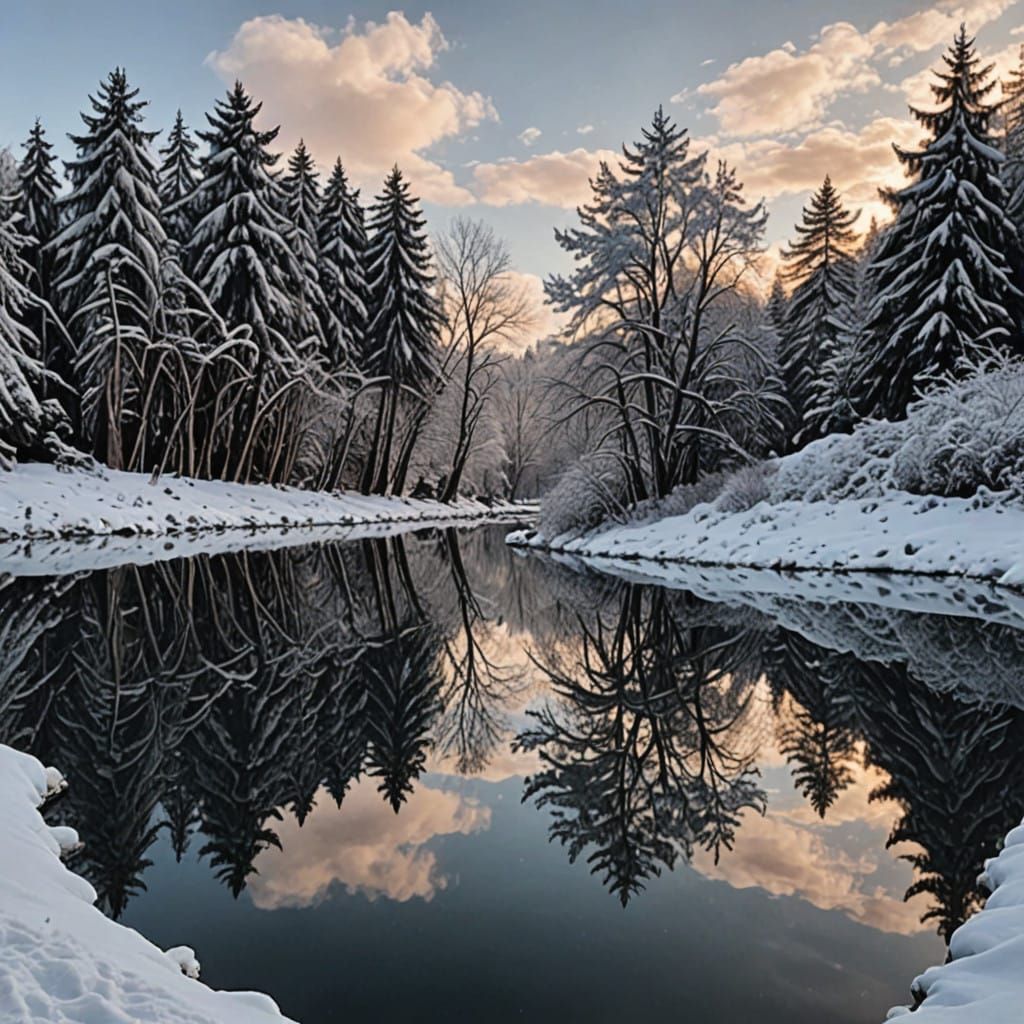 Frozen Pond Reflection in Winter Wonderland
