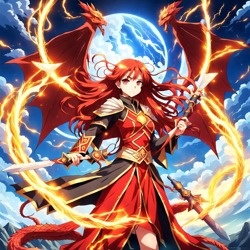 Anime Spellcaster with Red Dragon Dress and Sword