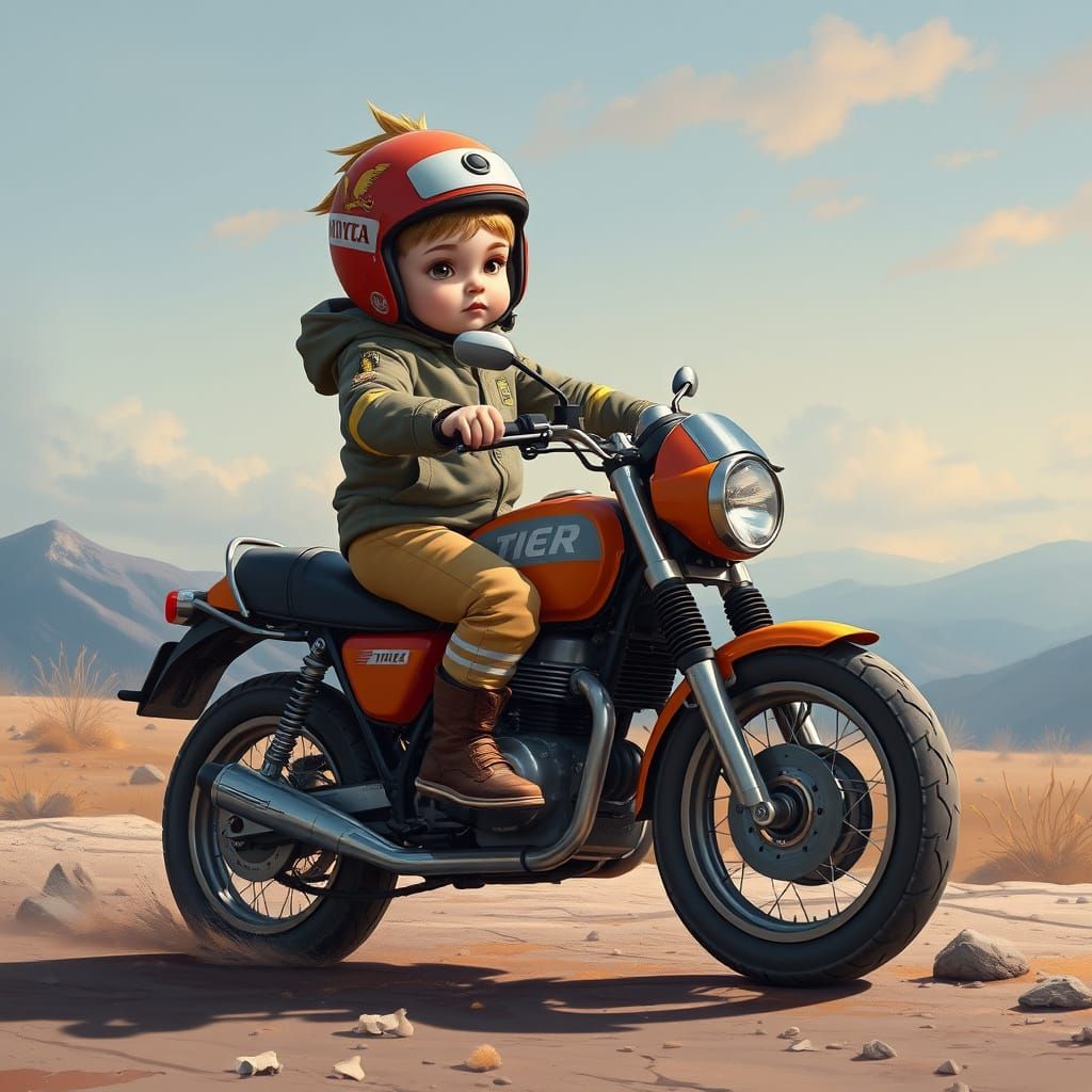 Child Motorcyclist Wheelie in Concept Art Style