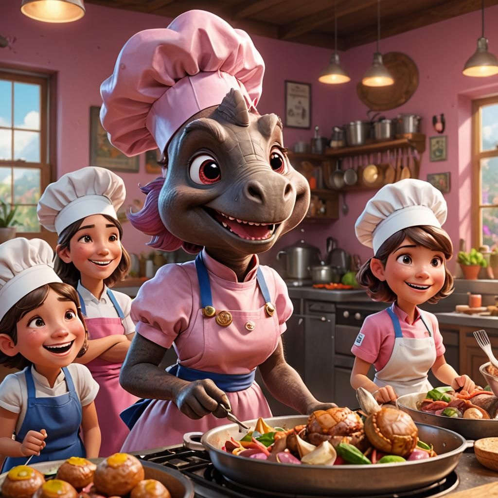 Triceratops Chef Teaching Cooking Class in 3D Style