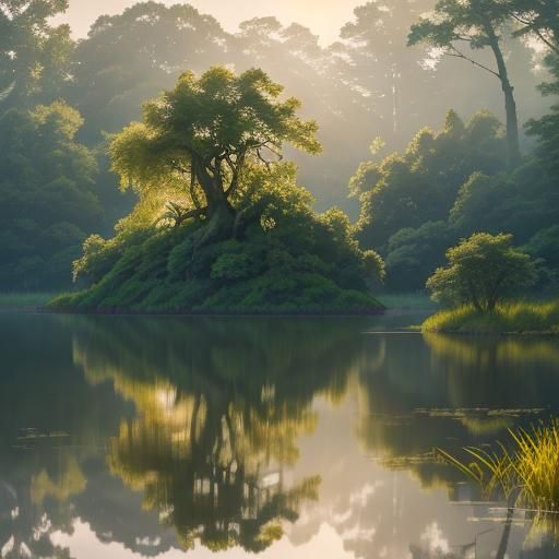 Solitary woman, delicate features, braids, tranquil lake, lush greenery, wildflowers, towering trees, gnarled roots, ref...