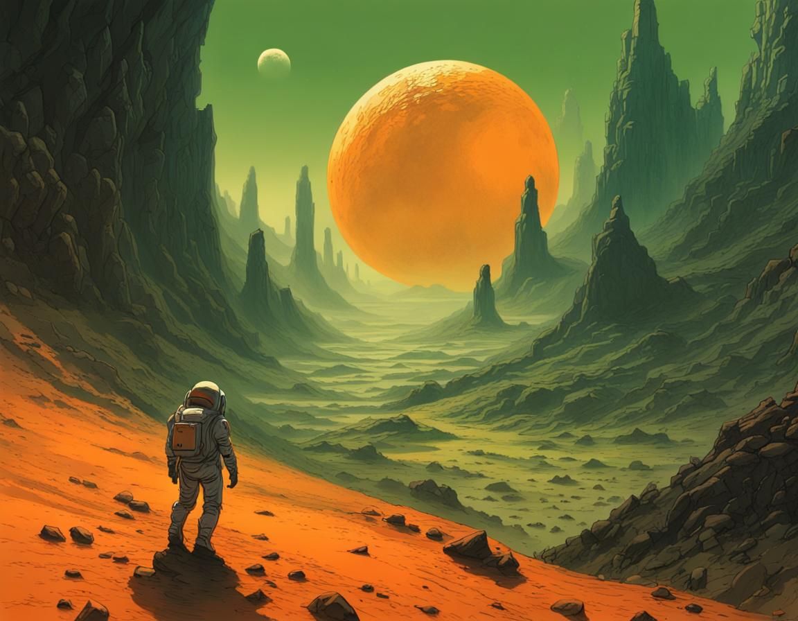 Astronaut Explores Valley on Exotic Planet