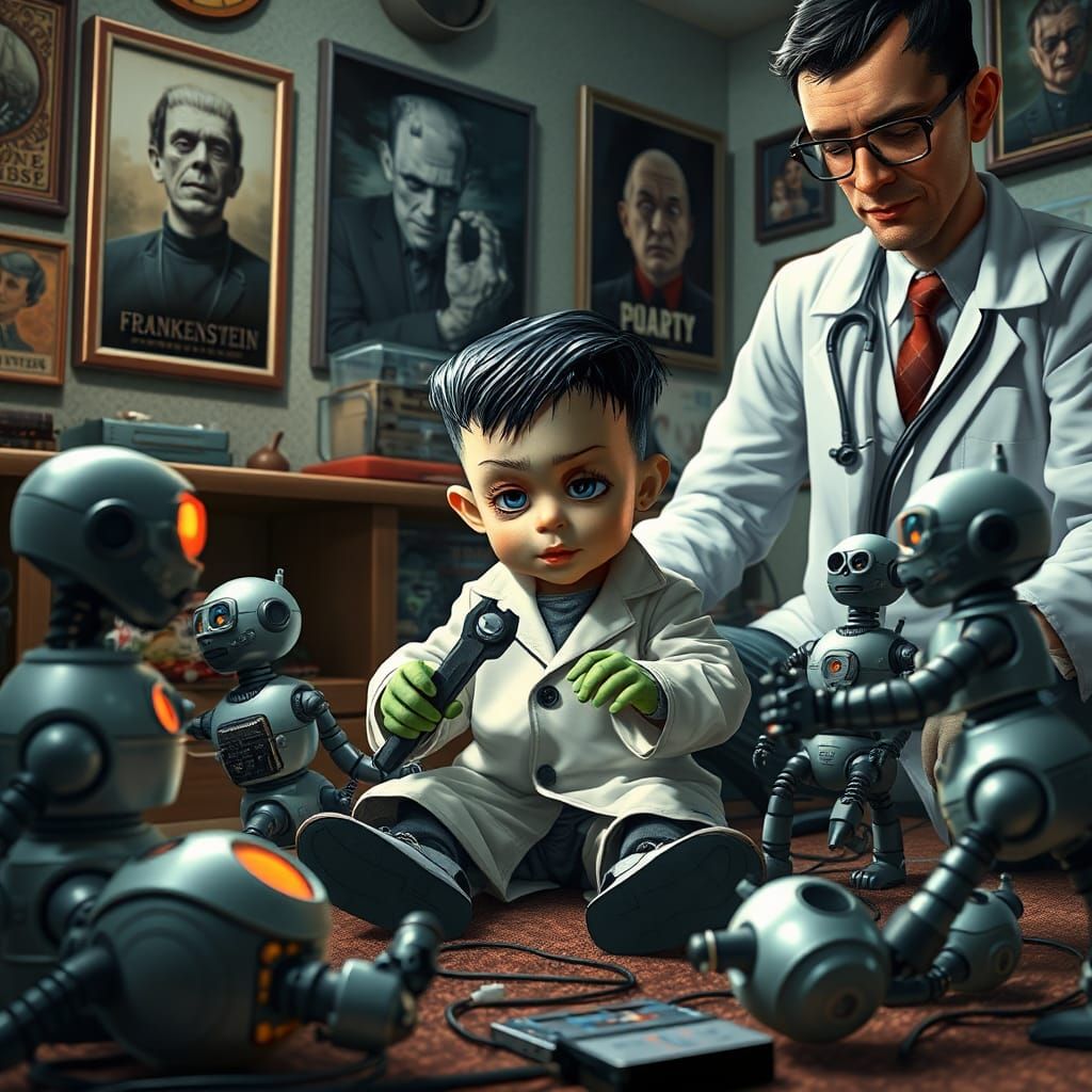 Baby Frankenstein playing with electronic robots