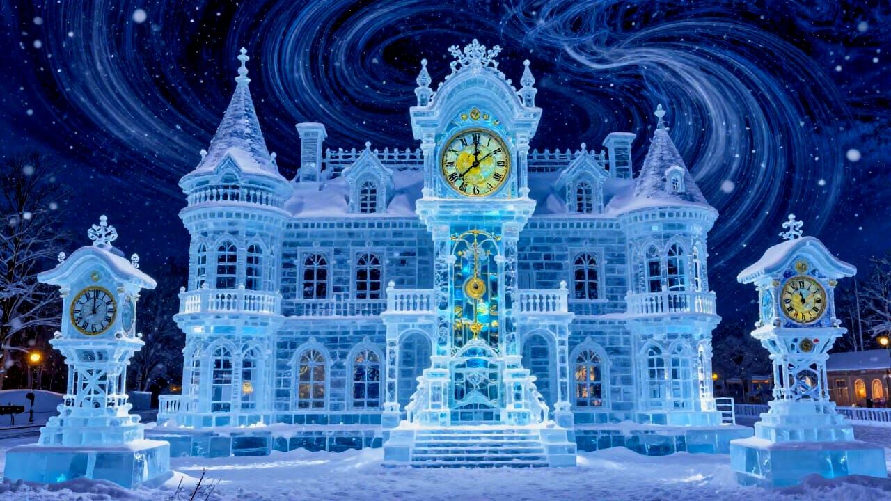 Victorian Ice Sculpture Mansion with Clock Portal in Blizzar...