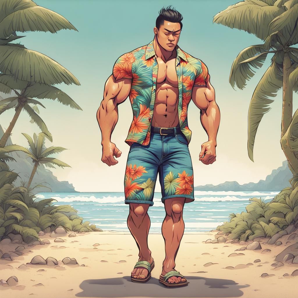 Muscular Japanese Bodybuilder on Beach in Bara Style