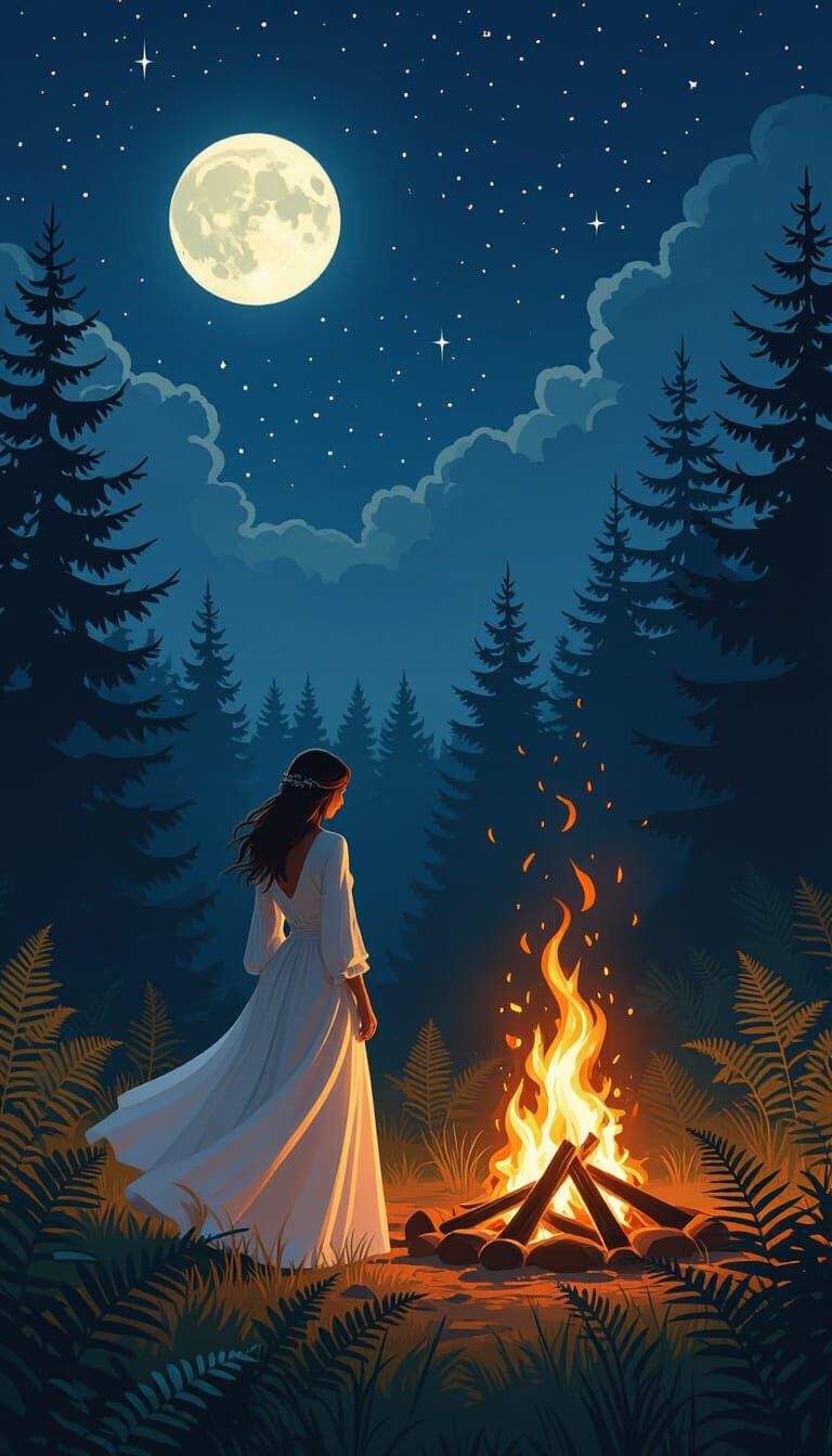 Bonfire Night: Mystical Woman Under the Moon