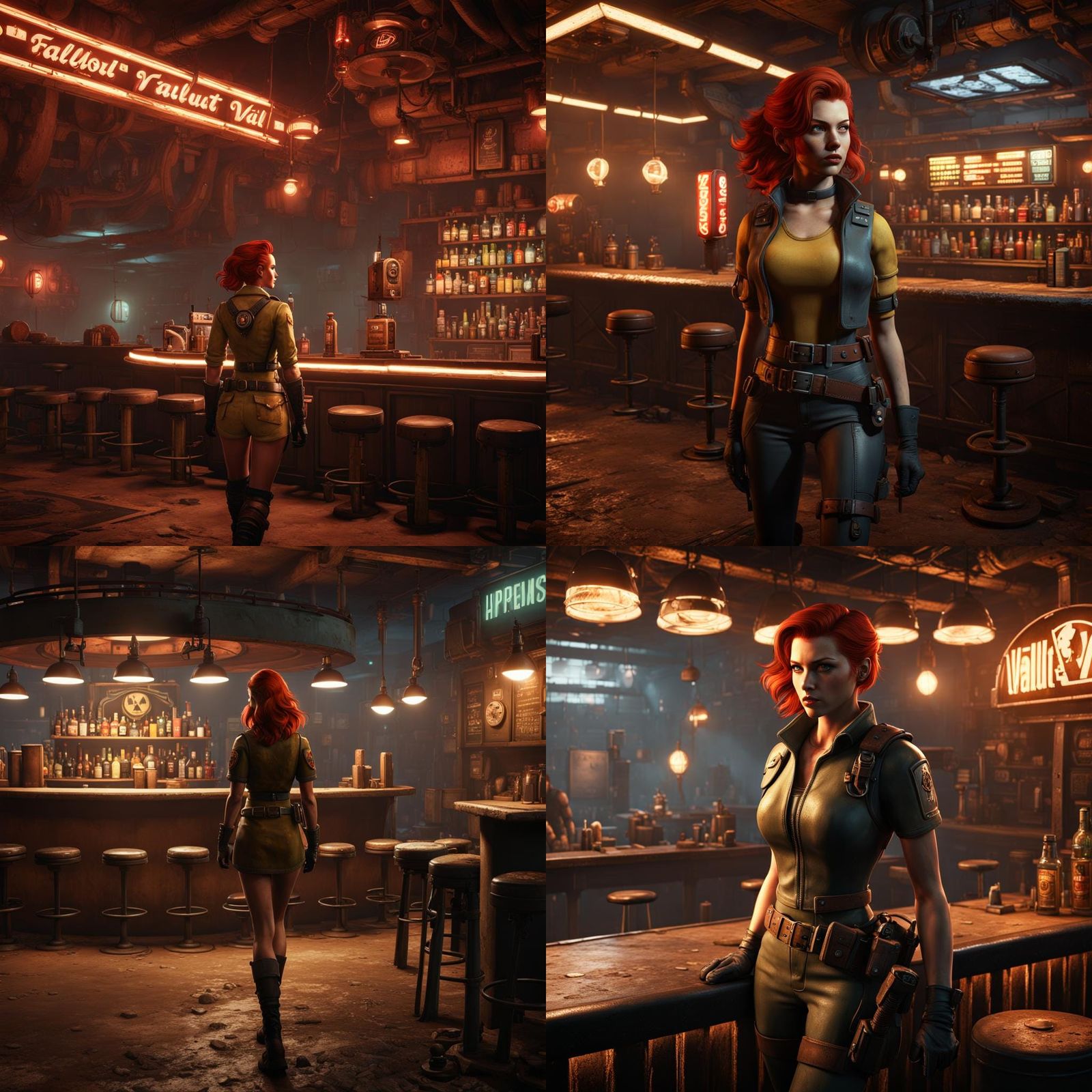 Redhead Vault Girl in Dystopian Wasteland Bar