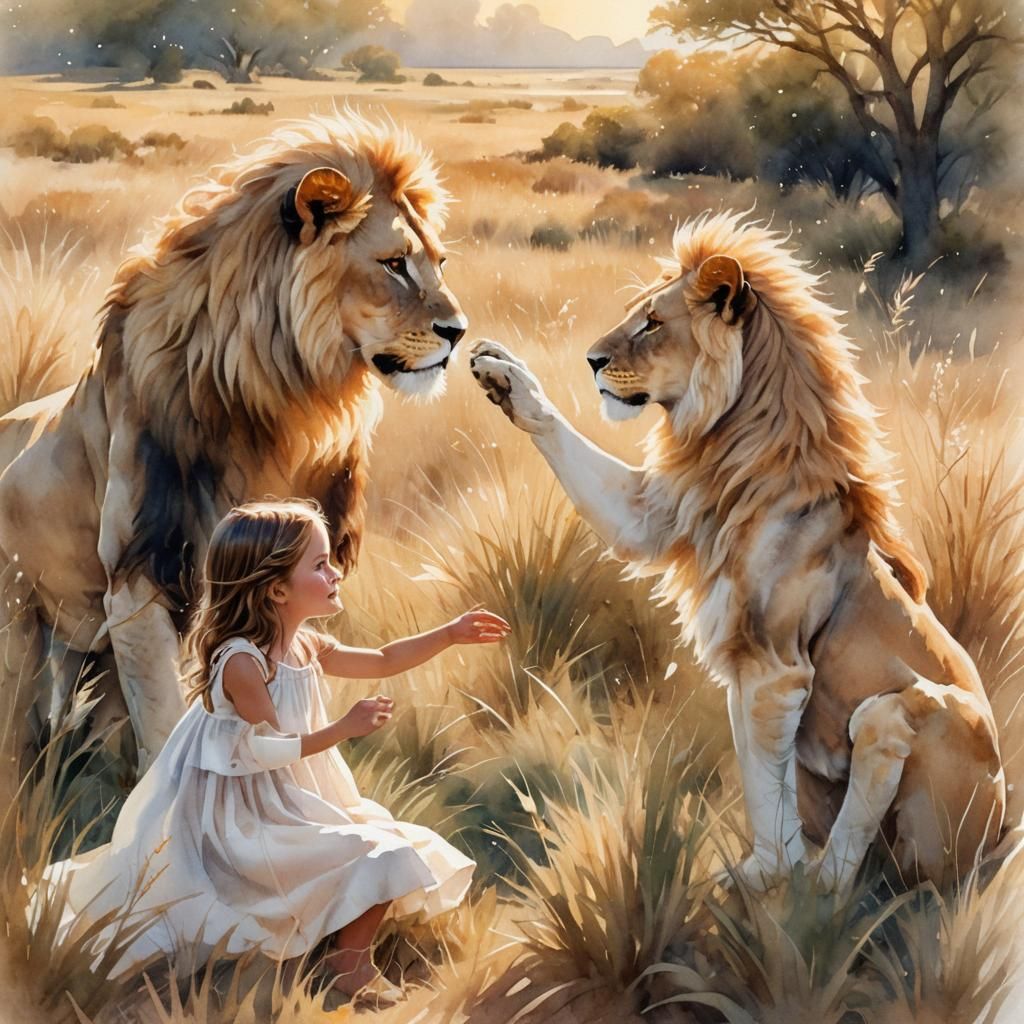 Girl and Magical Lion in Watercolor Style