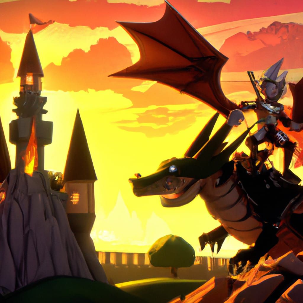 Brave Knight on Dragon at Sunset in 2D