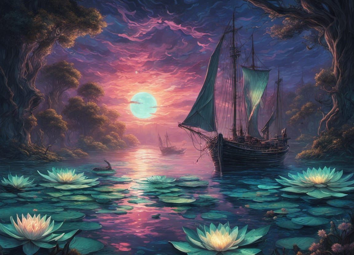 Bioluminescent Ship Bow in Fairy Waters: Dreamcore Seascape