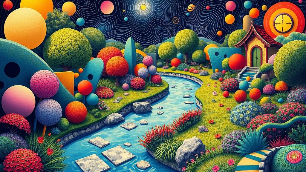 Psychedelic Garden Scene in Takashi Murakami Style