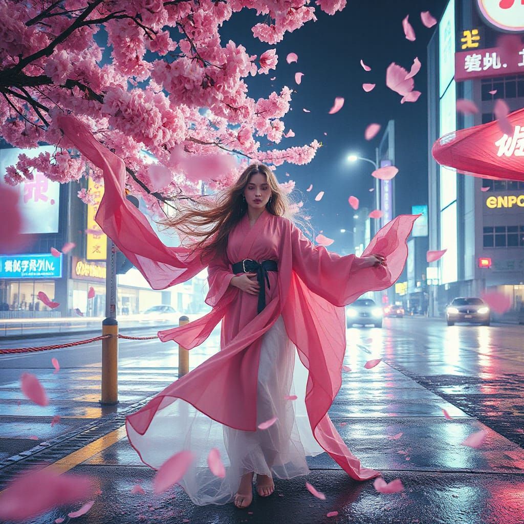 Cherry Blossom Goddess in Cyberpunk Cityscape