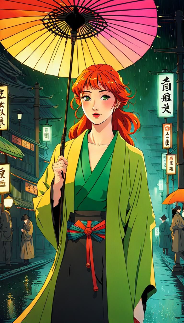 Redhead with Umbrella in Ukiyo-e Style