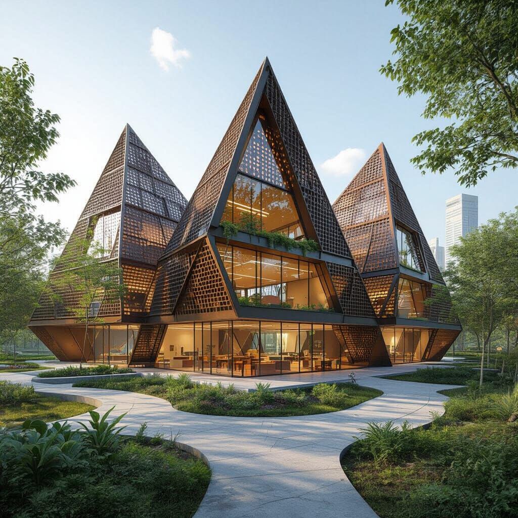 Futuristic 3D Pyramid School with Rusty Metal Cladding