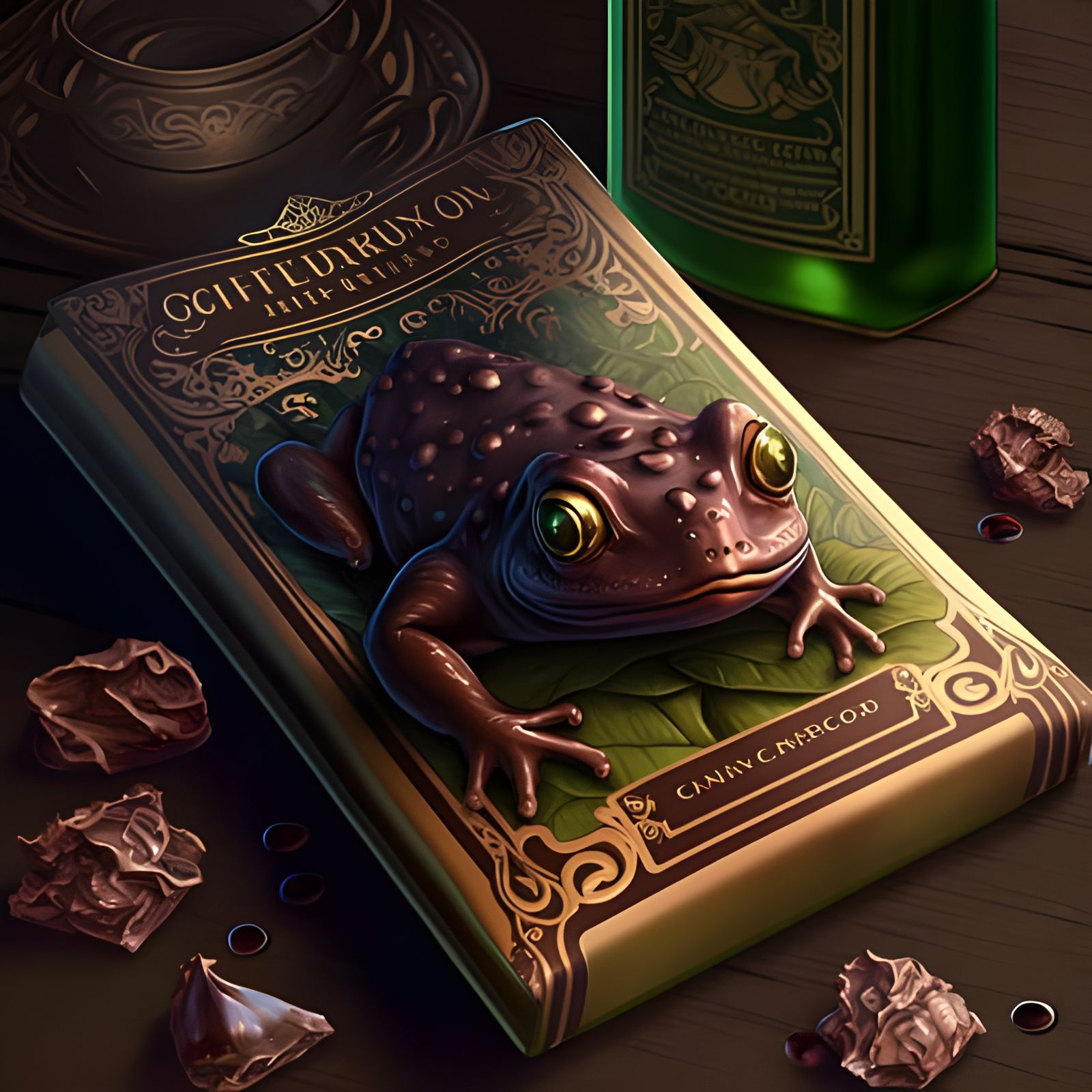 Product view ; victorian chocolates ephemera Hyperrealistic Frog made of chocolat background candyshop by Neil Gaiman, A...