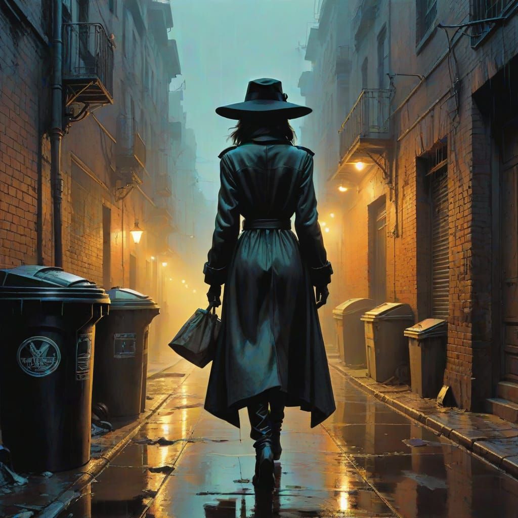 Mysterious Woman Strolls Through Rainy City Alleyway in Film...