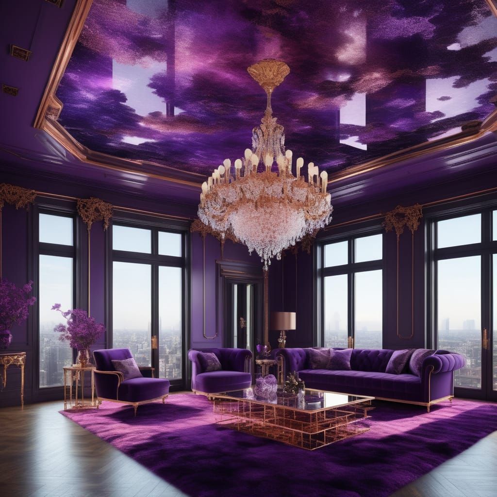 Luxurious purple penthouse with vibrant purple fractals wall...