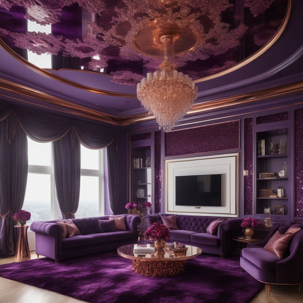 Luxurious purple penthouse with vibrant purple fractals wall...