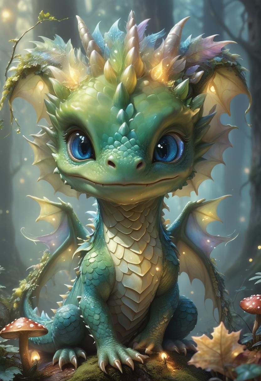 Baby Dragon in Misty Forest, Thomas Kinkade Style