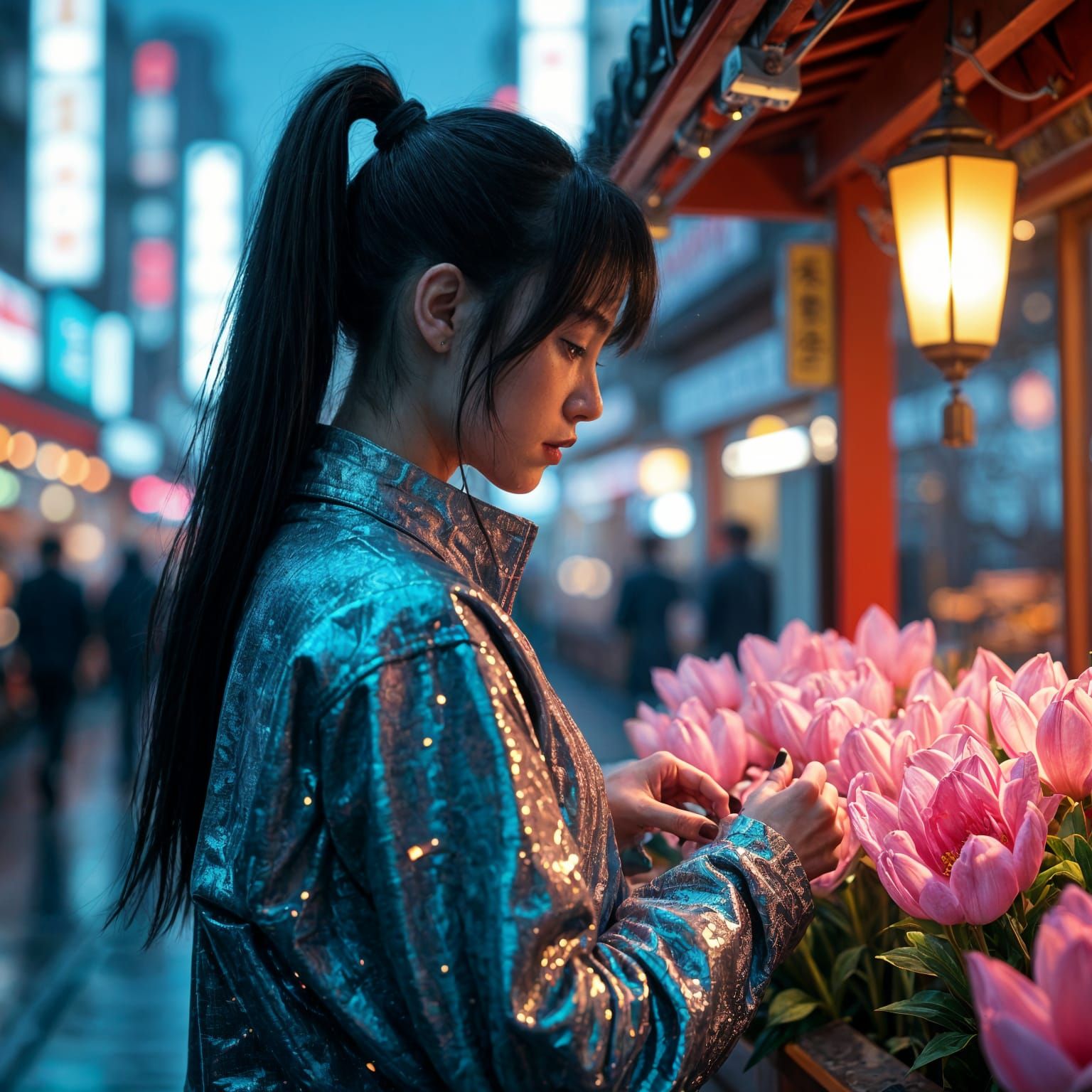 Cyberpunk Flower Vendor in Neon Cityscape