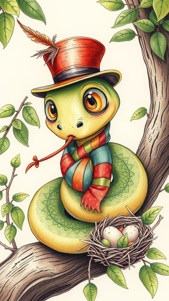 sketch-style illustration of a quirky whimsical bewildered snake with large, round eyes and a comically drooping mouth, ...