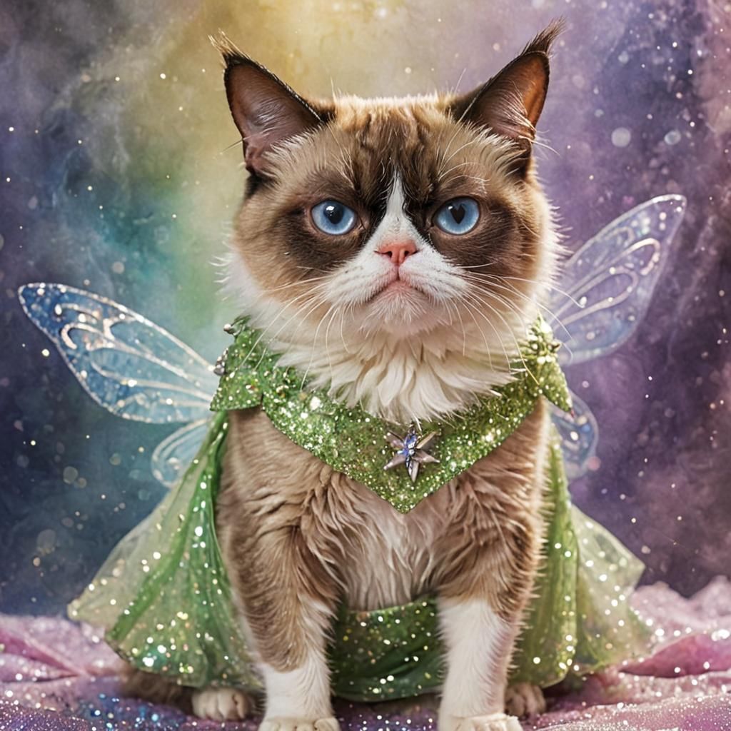 Grumpy Cat as Tinkerbell in Whimsical Fantasy Art