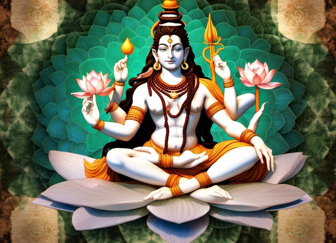 Lord Shiva and Shakti seated entwined in a lotus flower, snake kundalini colored chakras lighing them entwine, 3D, porce...