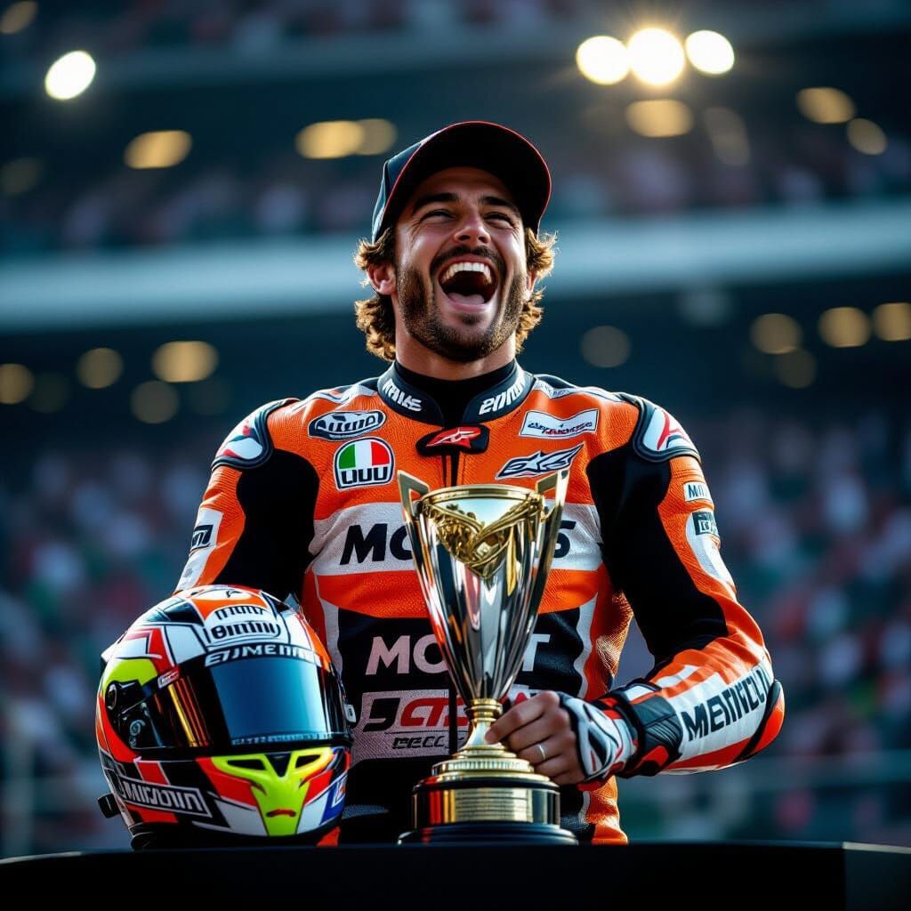 MotoGP Rider Triumph on Podium: Cinematic Film Aesthetic
