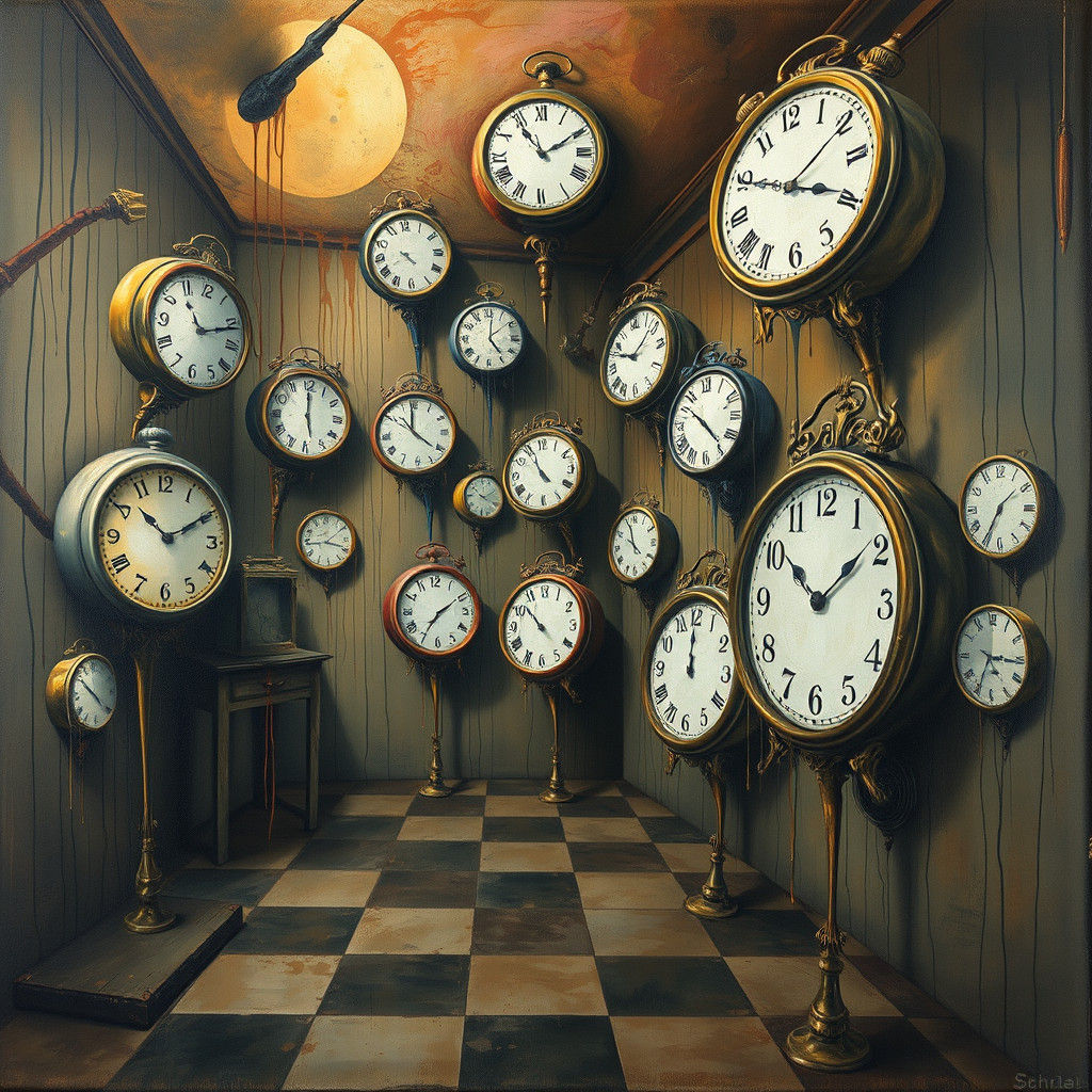 Surreal Melting Clocks in Dreamlike Room