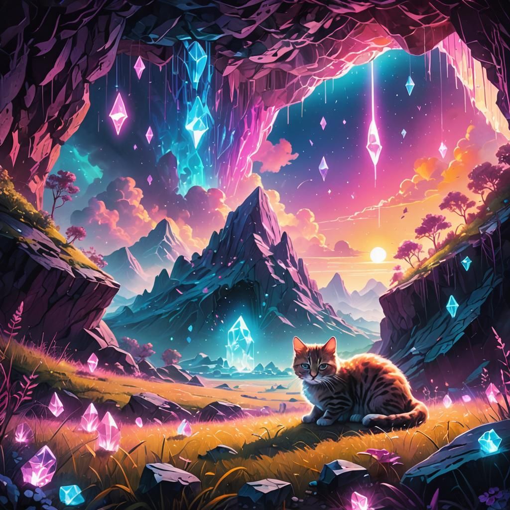 Synthwave Kitten in a Crystal Dreamscape