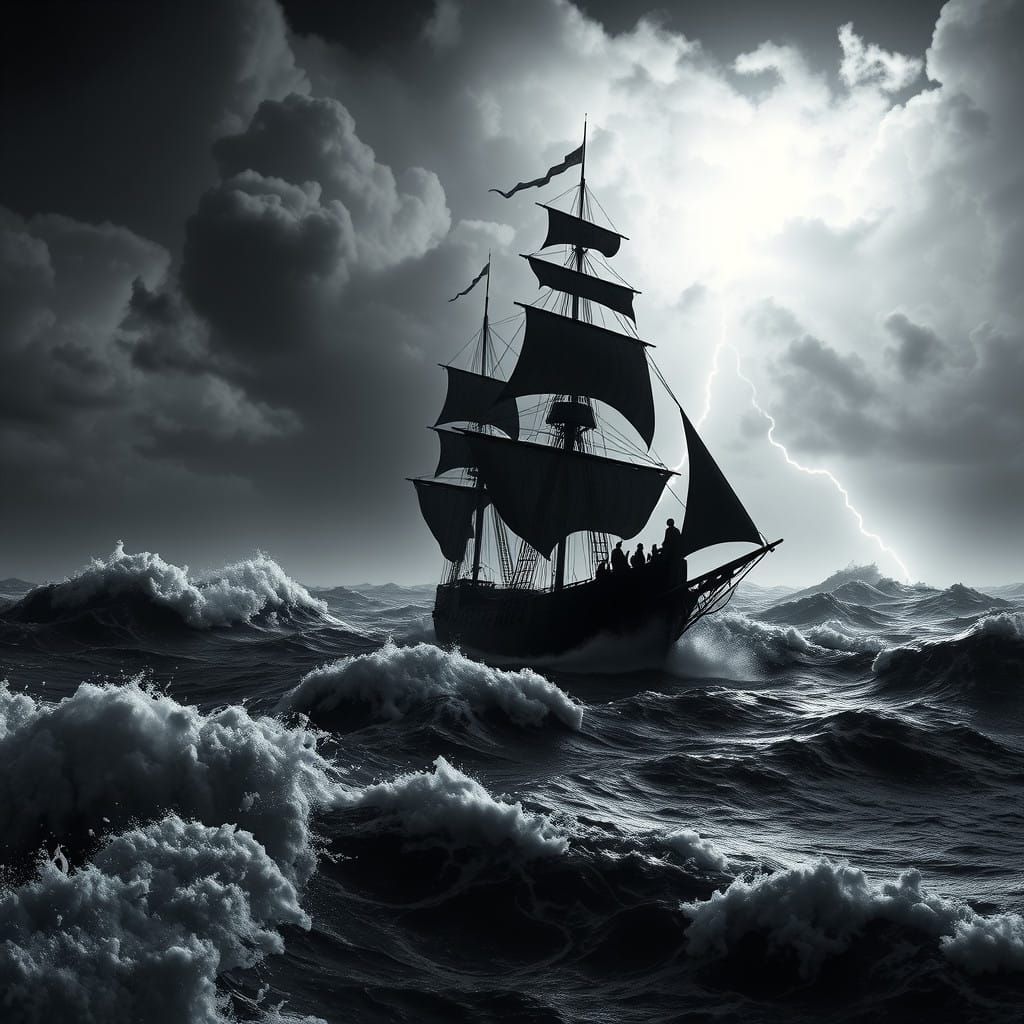 Majestic Galleon Silhouette Against Turbulent Stormy Sea