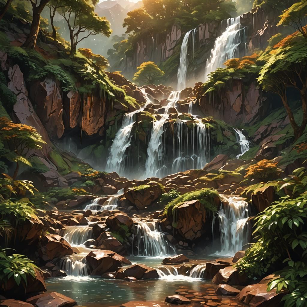 Bronze Mountain Waterfall in Vibrant Digital Art