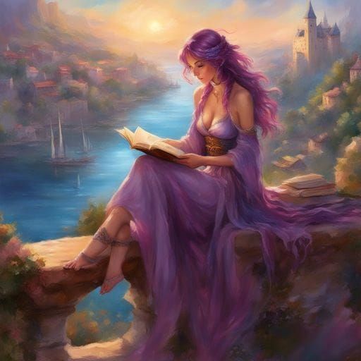 Purple Haired Girl Reading: Splash Art Portrait